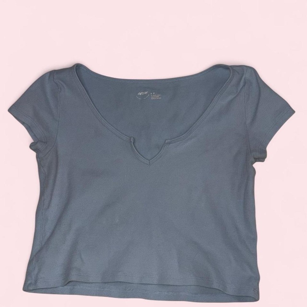 Aerie Blue Waffle Knit Baby Tee Crop Top Medium Y2K Notch Neck Thermal